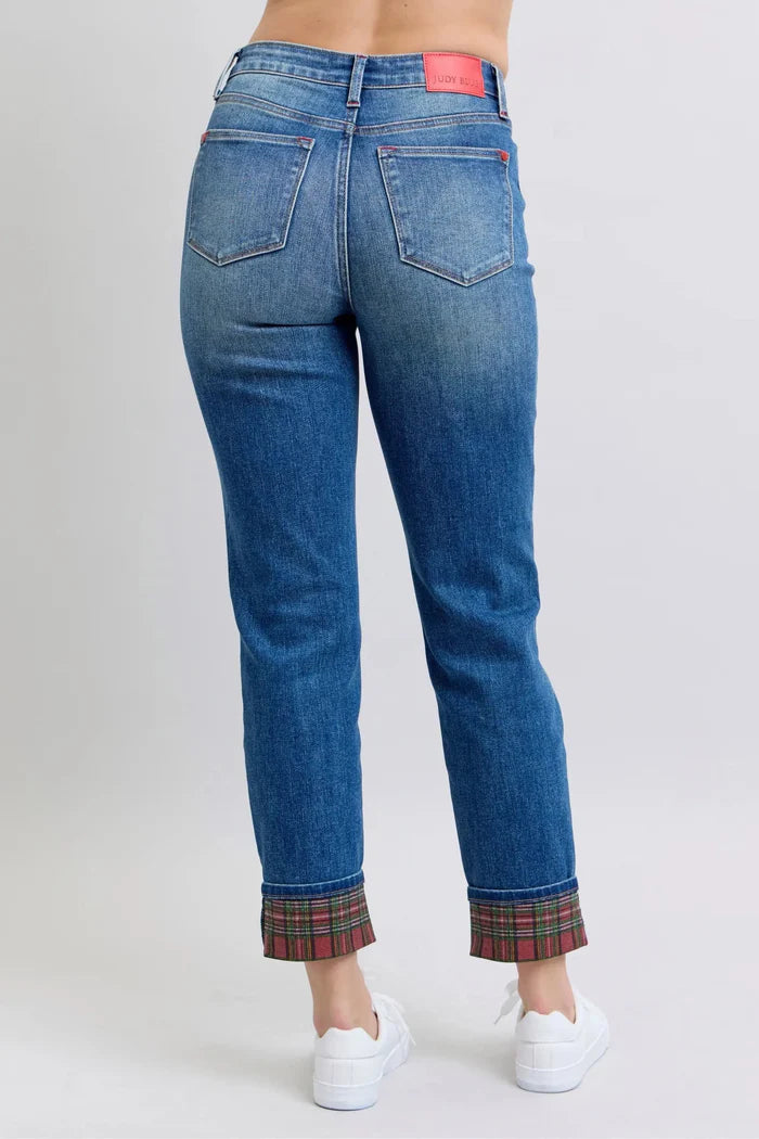Judy Blue Plaid Cuffed Jeans