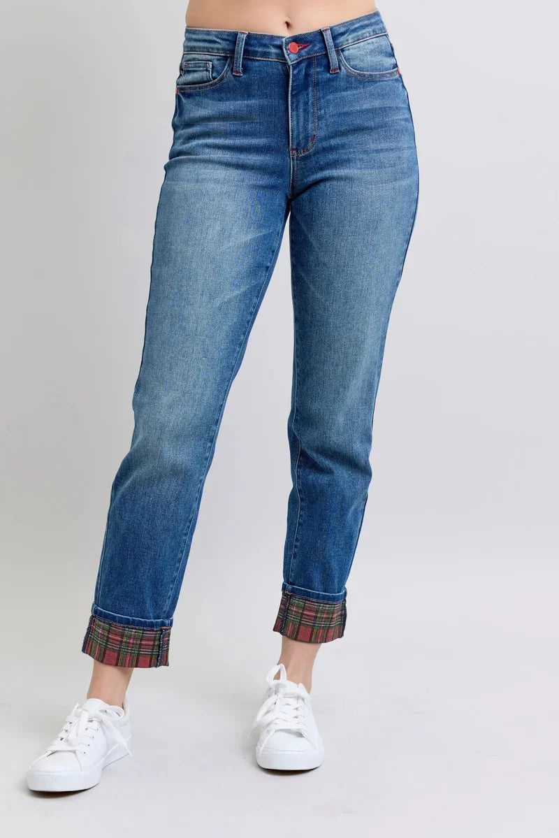 Judy Blue Plaid Cuffed Jeans