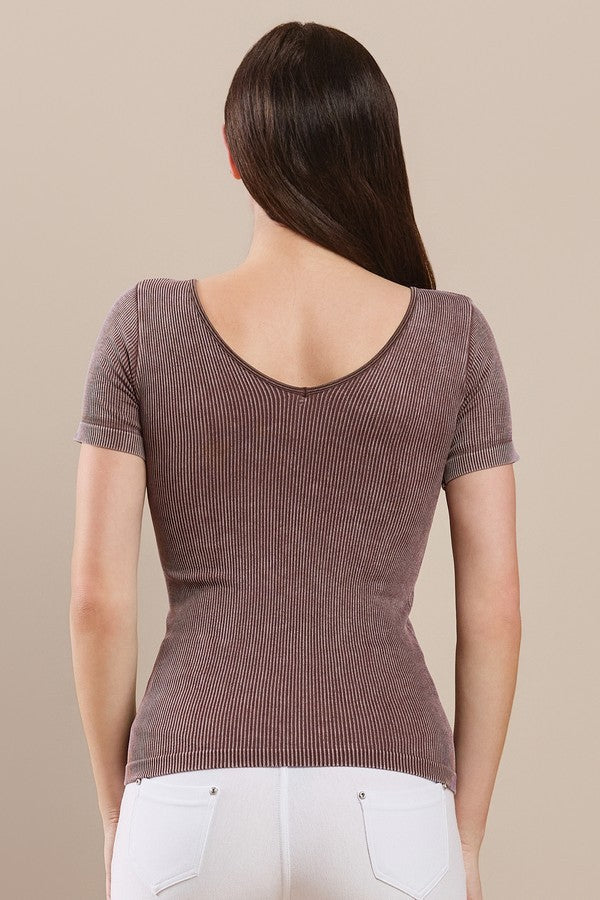 Back view of a Woman wearing a brown ribbed knit top against a beige background