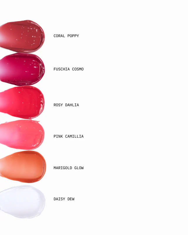 Row of lip gloss swatches in various colors with labels on a white background