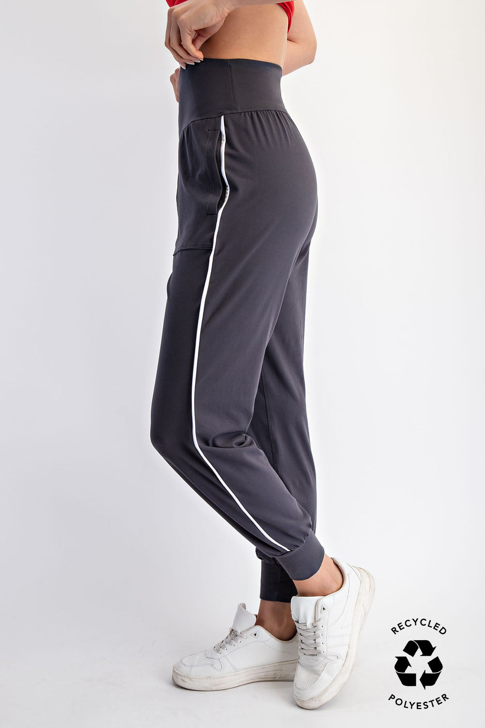 Rae Dark gray jogger pants with white stripes on a white background