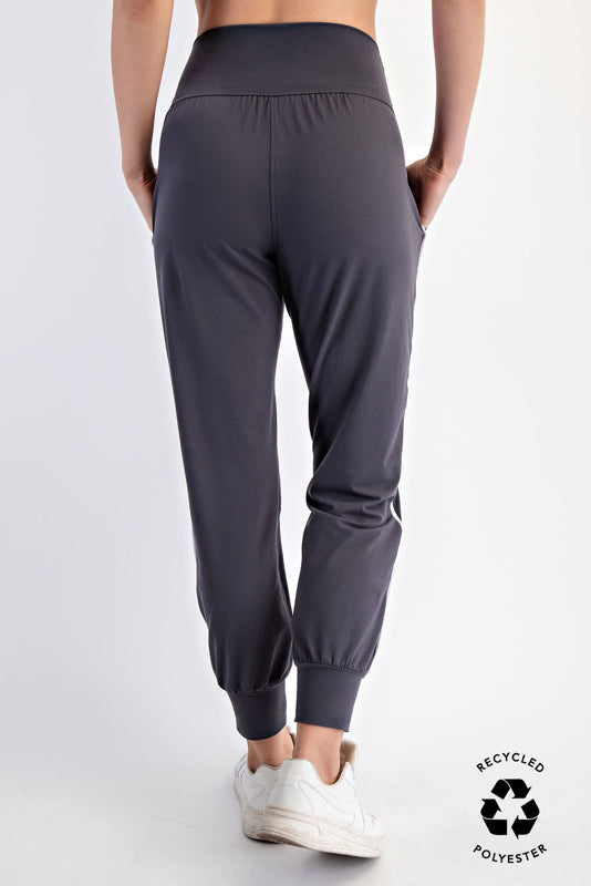 Back side of Rae Dark gray jogger pants worn by a person on a light gray background with a 'Recycled Polyester' label.