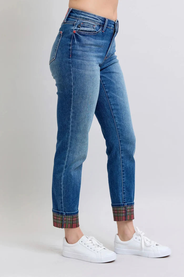 Judy Blue Plaid Cuffed Jeans