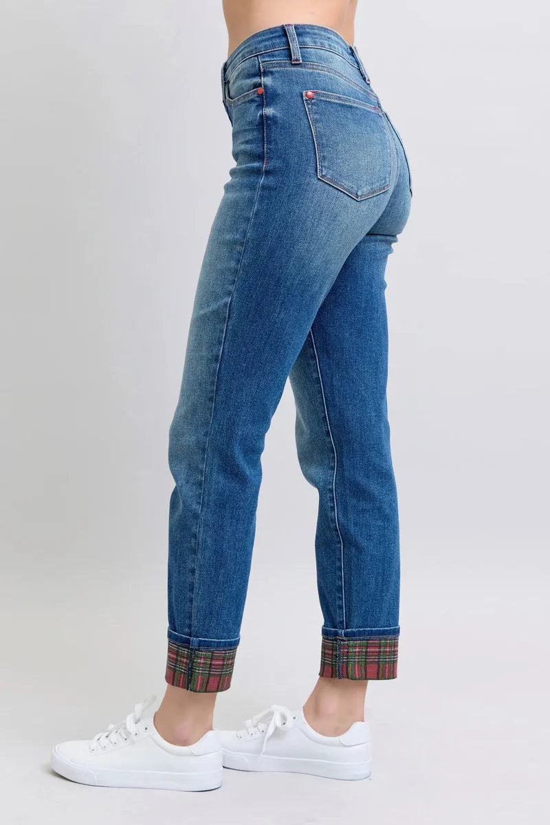 Judy Blue Plaid Cuffed Jeans