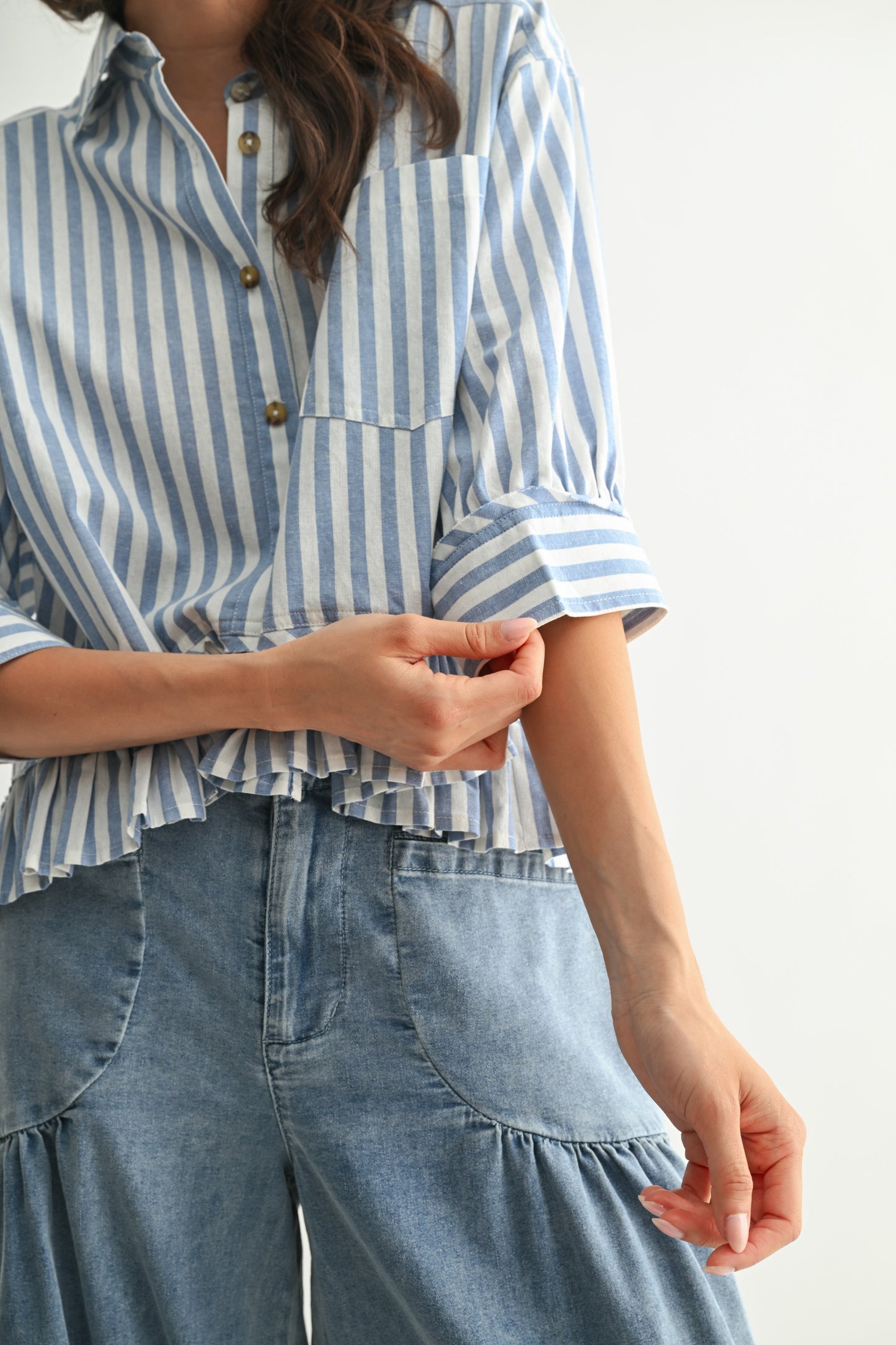 Cecilia Striped Ruffle Button Up