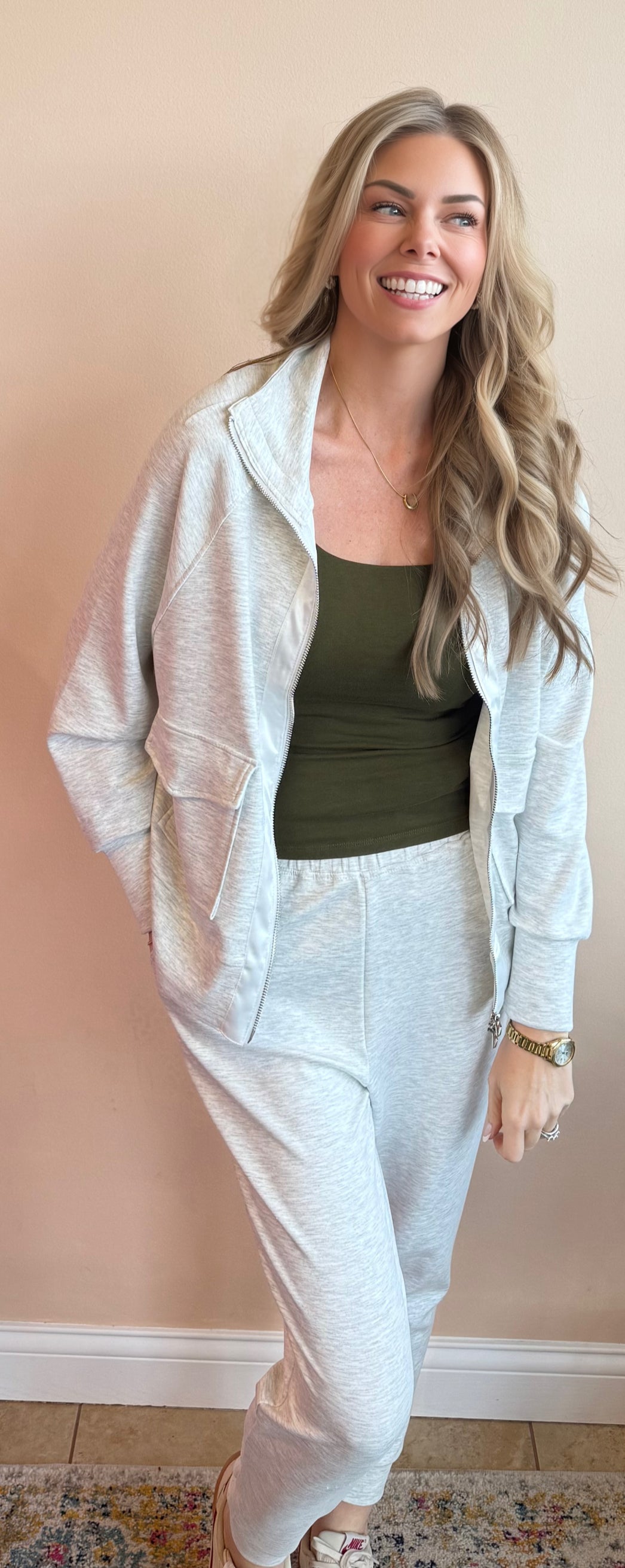 Double Soft Sateen Trim Zip Sweatshirt