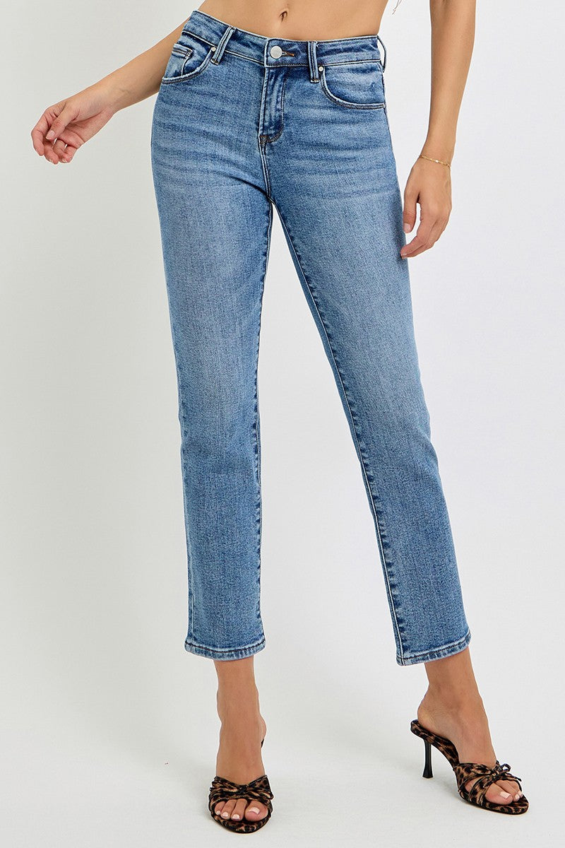 Risen Mid Rise Straight Slim Jeans