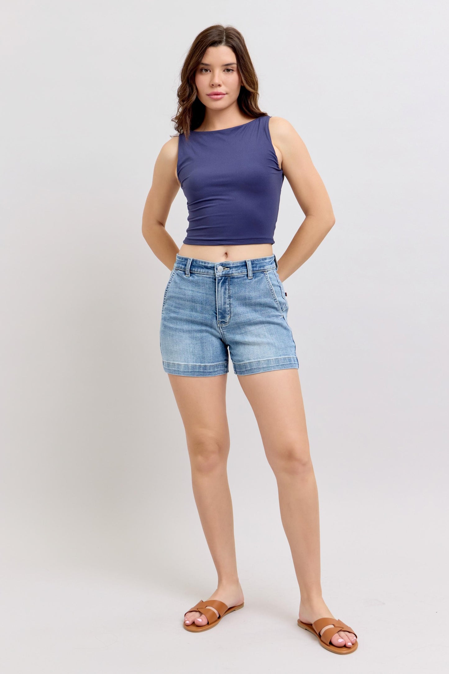 Judy Blue High Rise Trouser Denim Shorts – Light Wash, 4" Inseam