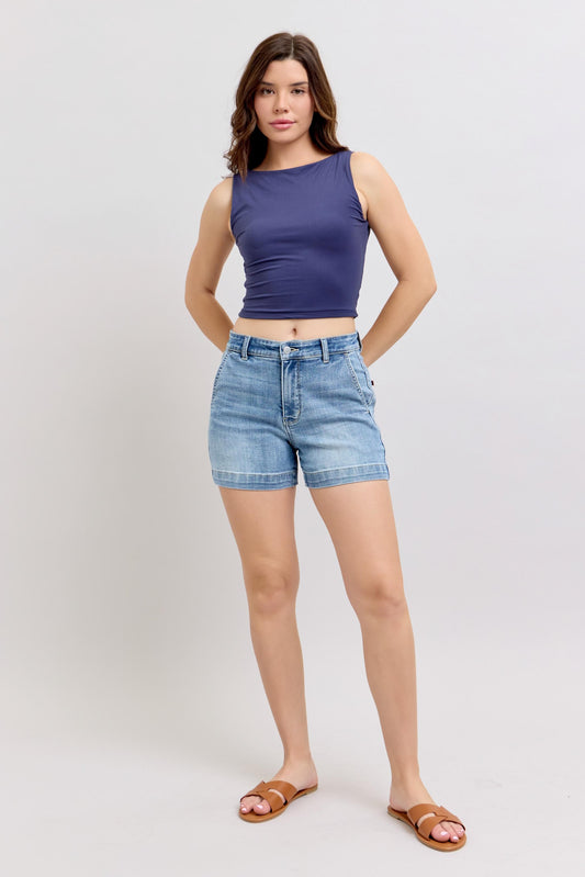 Judy Blue High Rise Trouser Denim Shorts – Light Wash, 4" Inseam