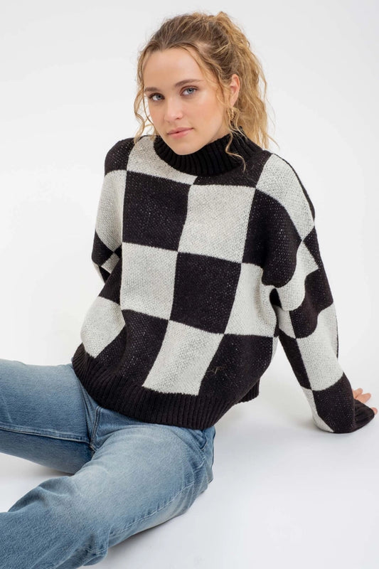 Checkered Mock Neck Sweater