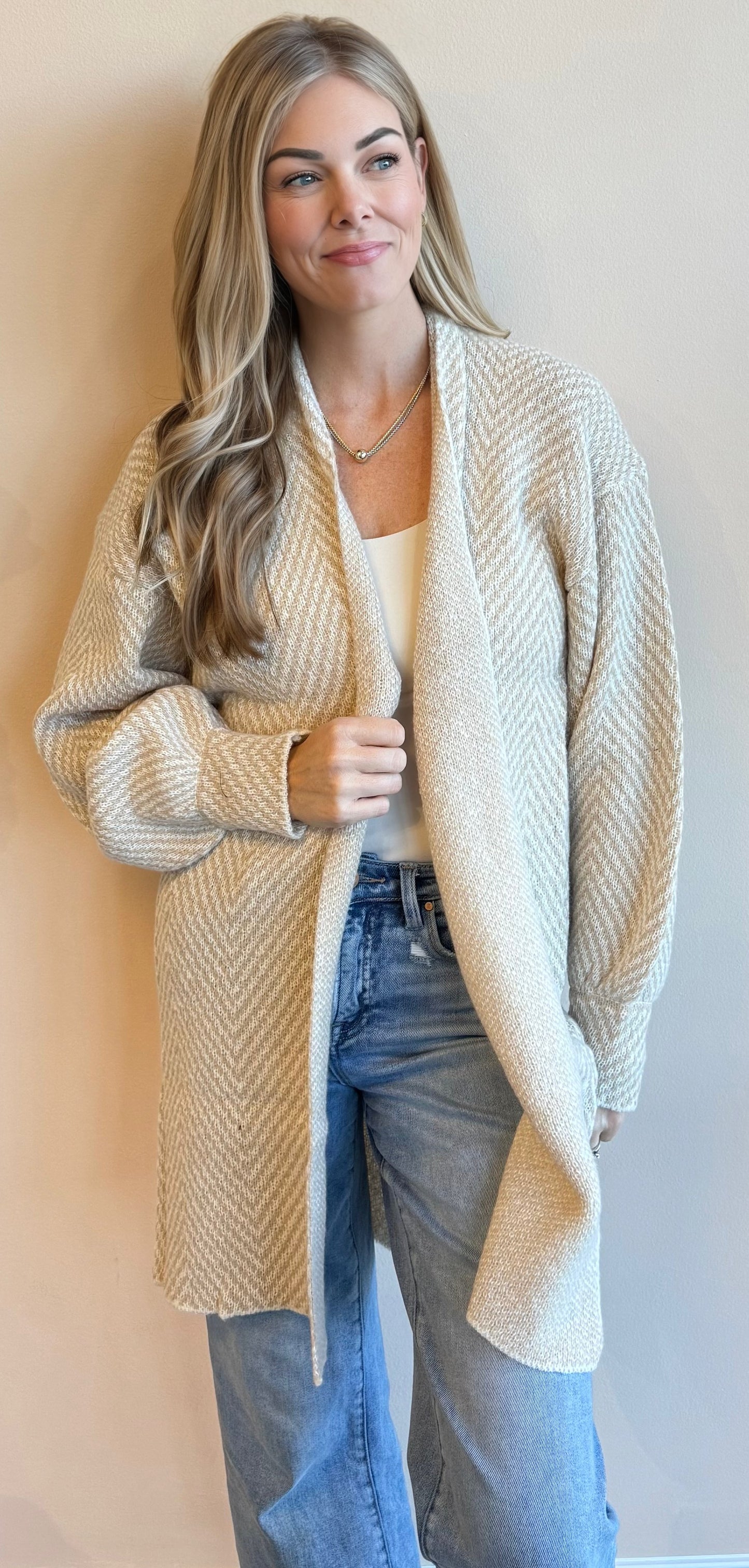 Marjorie Herringbone Long Cardigan