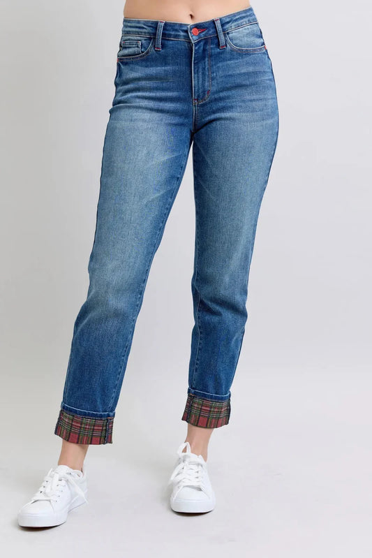Judy Blue Plaid Cuffed Jeans