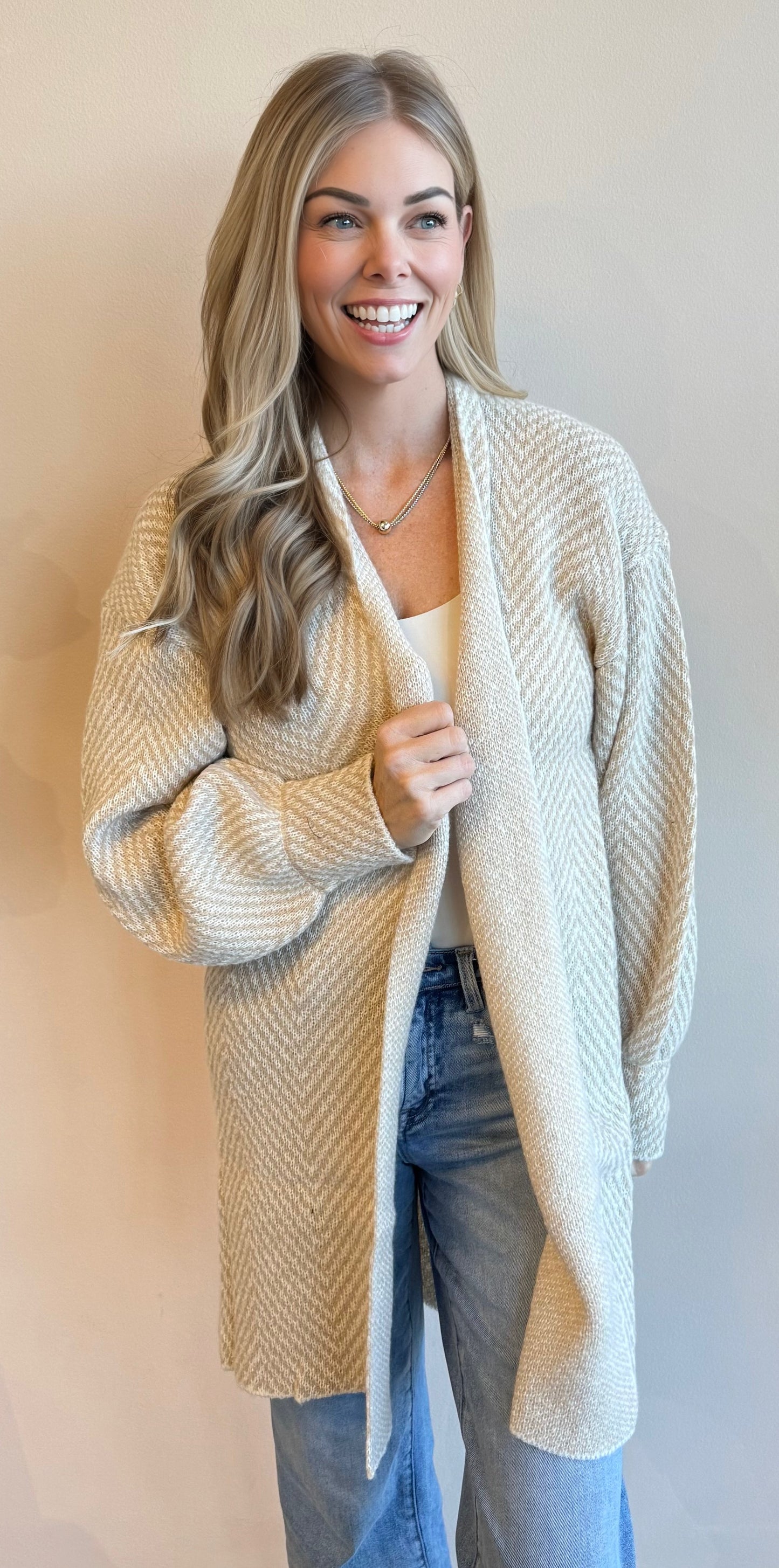 Marjorie Herringbone Long Cardigan