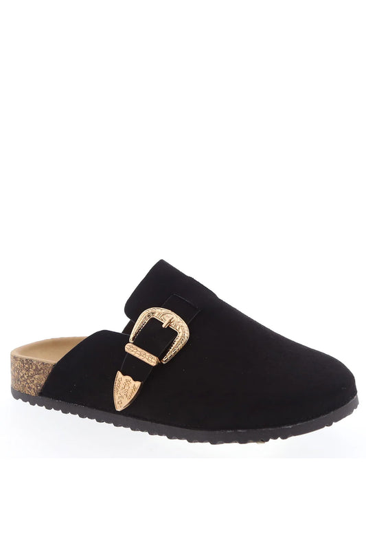 Black slip-on clog faux suede shoe with a gold buckle on a white background