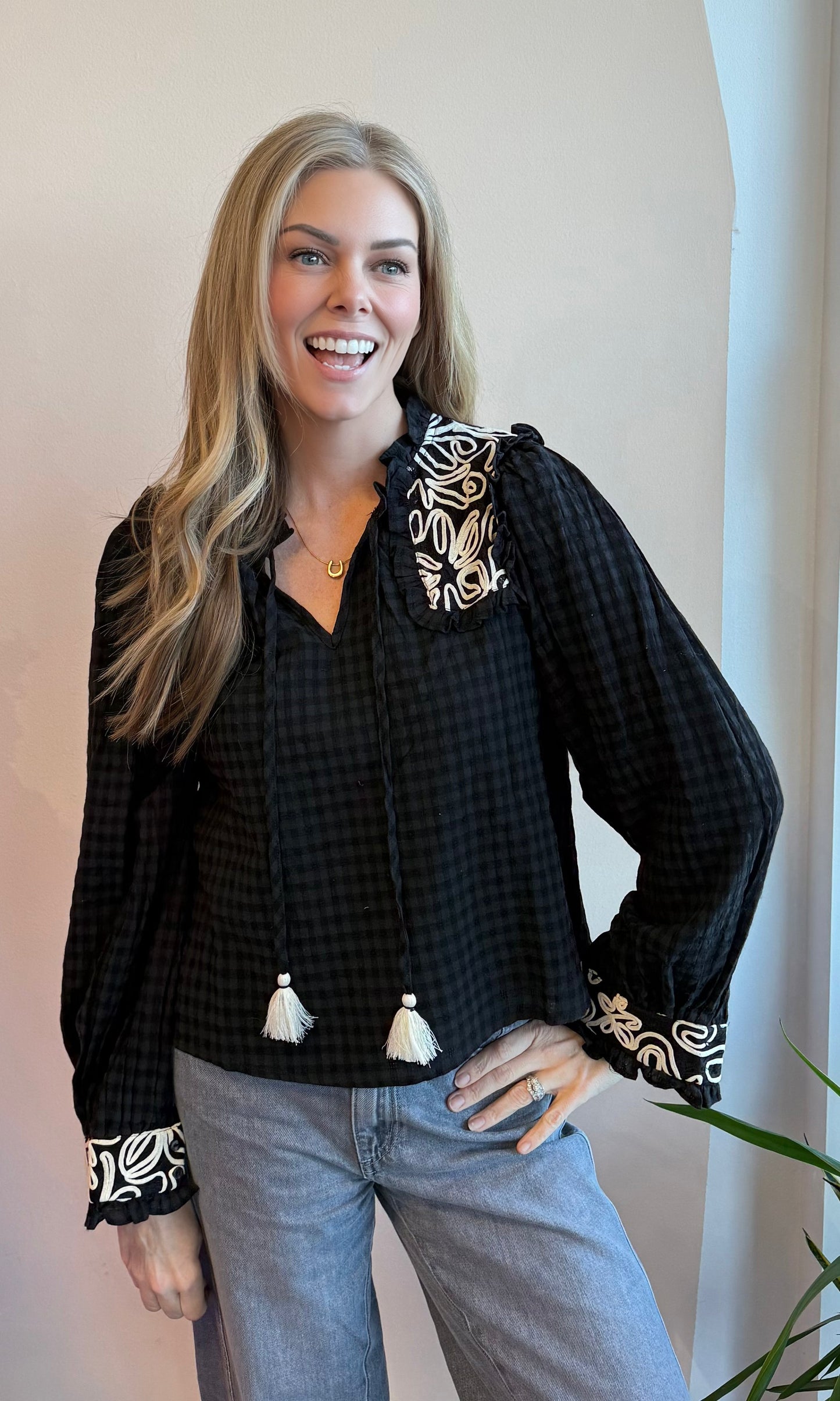 Gingham Puff Sleeve Top