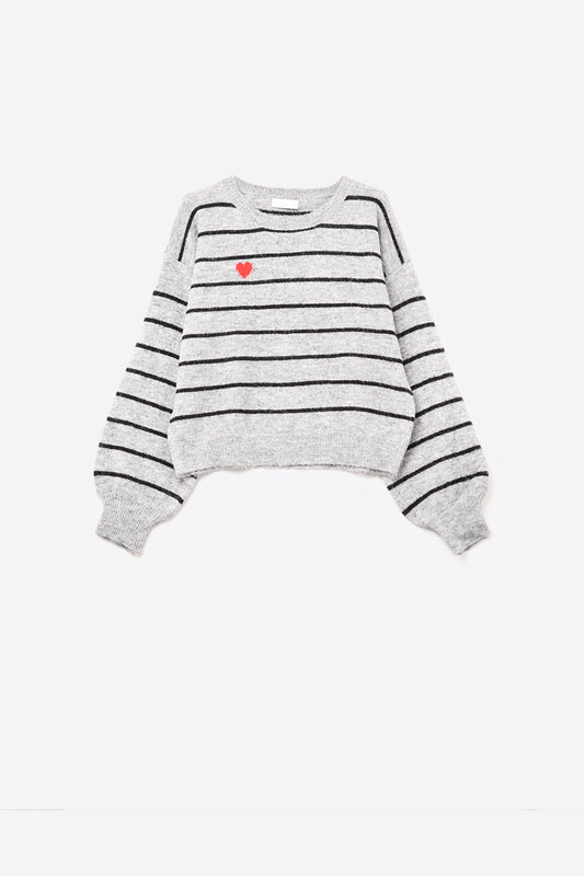 black and white Striped sweater with a red heart on a white background
