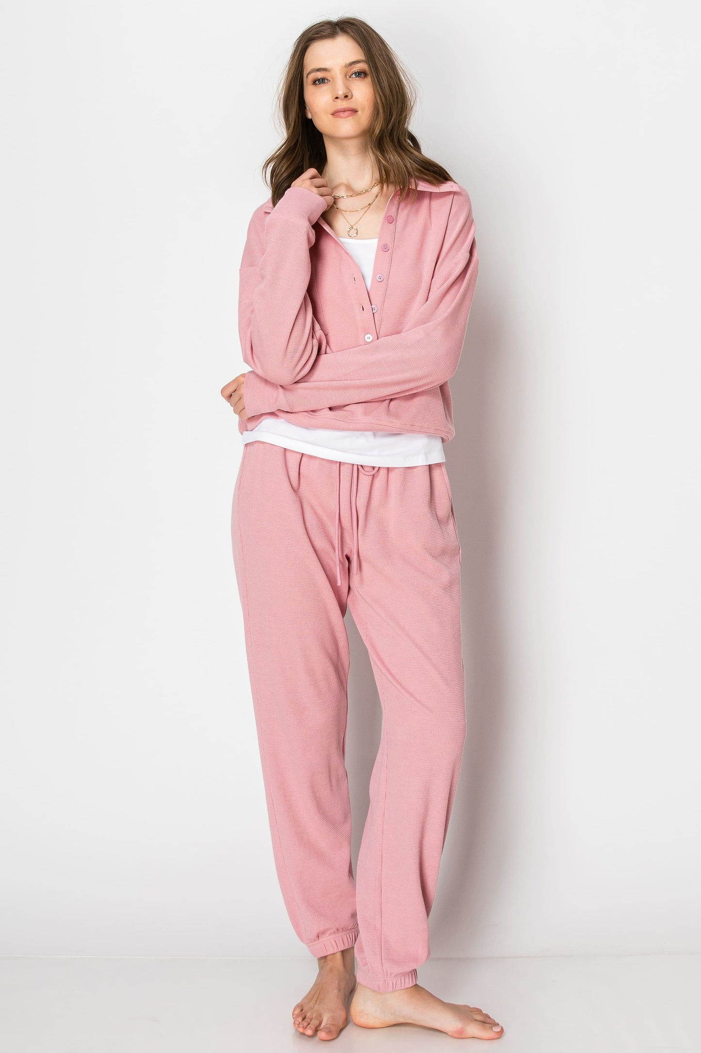 Waffle Knit Button Down Jogger Pant