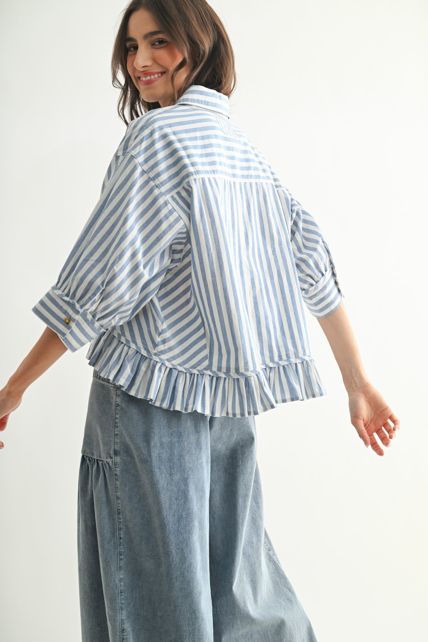 Cecilia Striped Ruffle Button Up