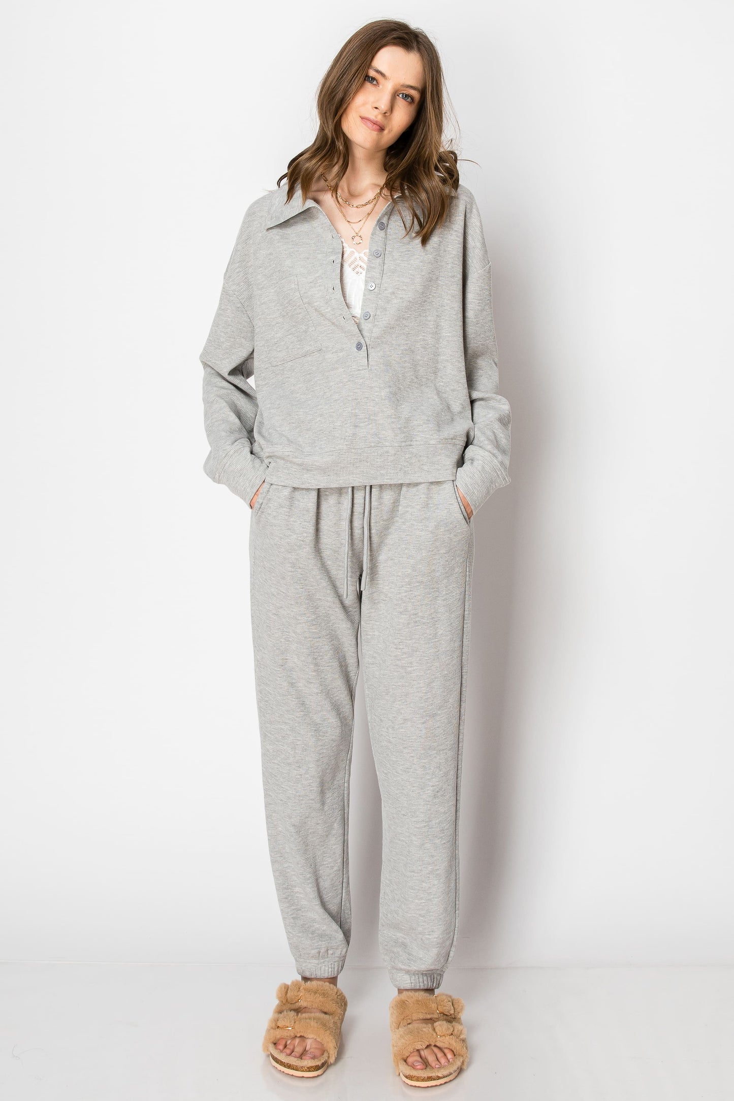 Waffle Knit Button Down Jogger Pant