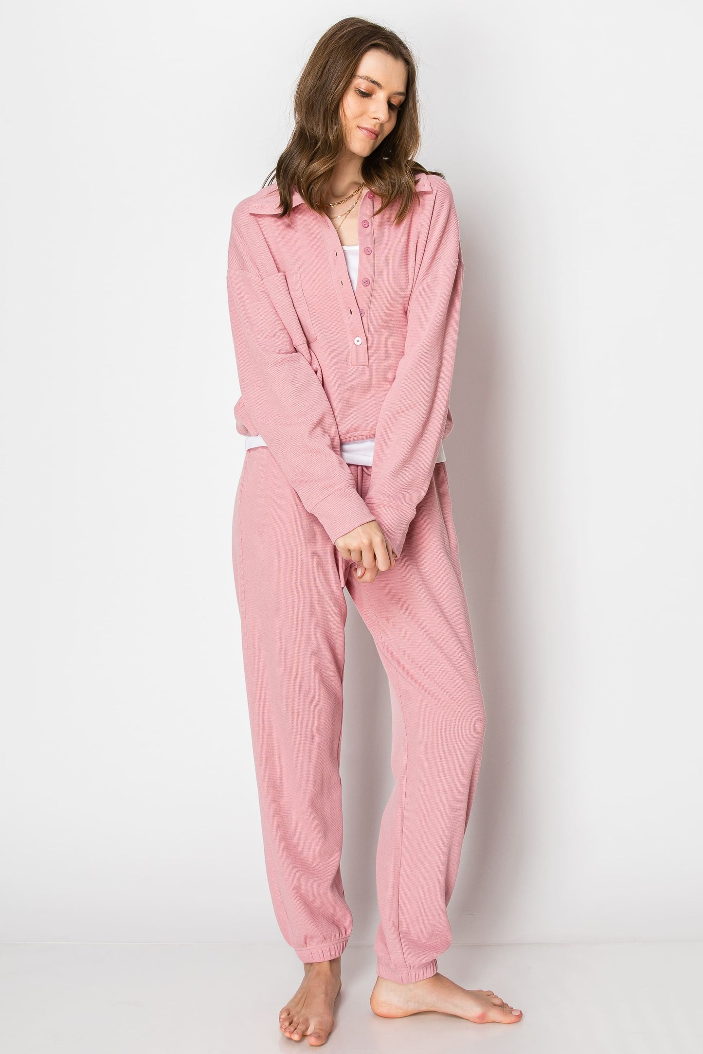 Waffle Knit Button Down Jogger Pant