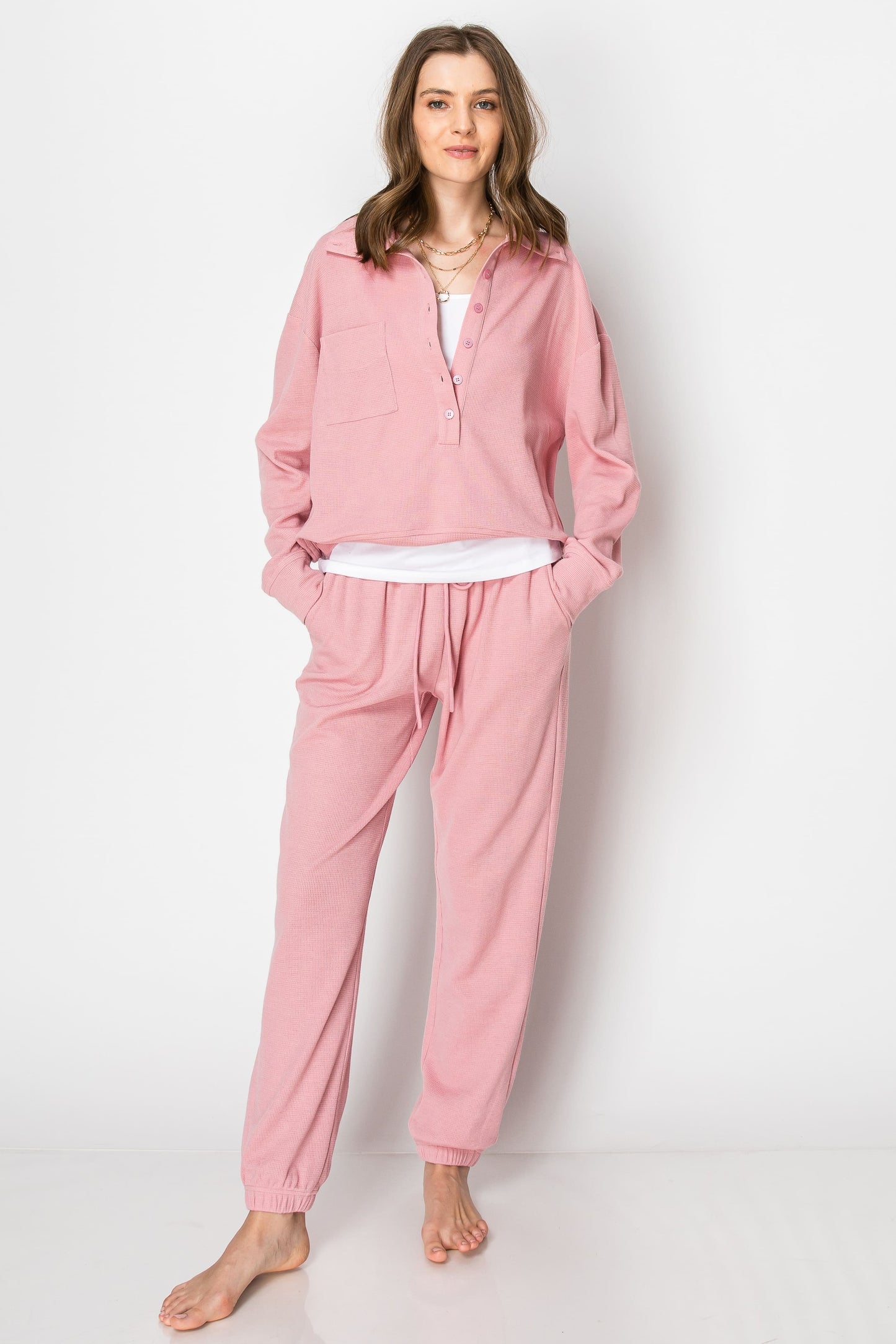 Waffle Knit Button Down Jogger Pant