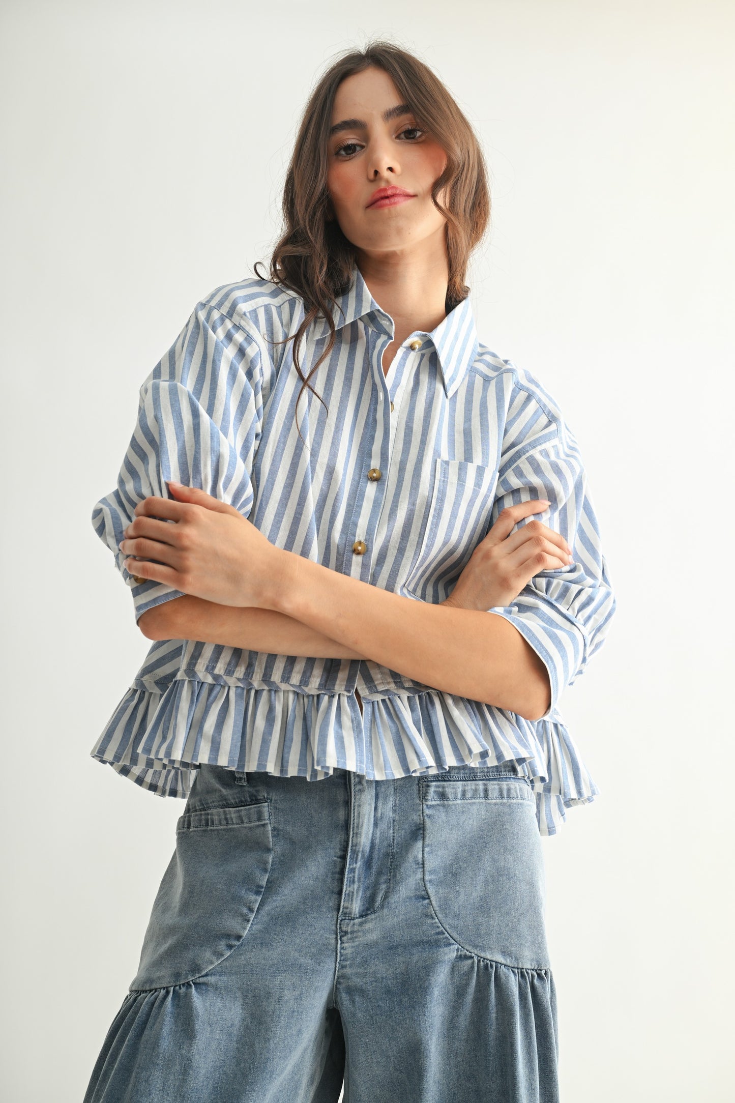 Cecilia Striped Ruffle Button Up