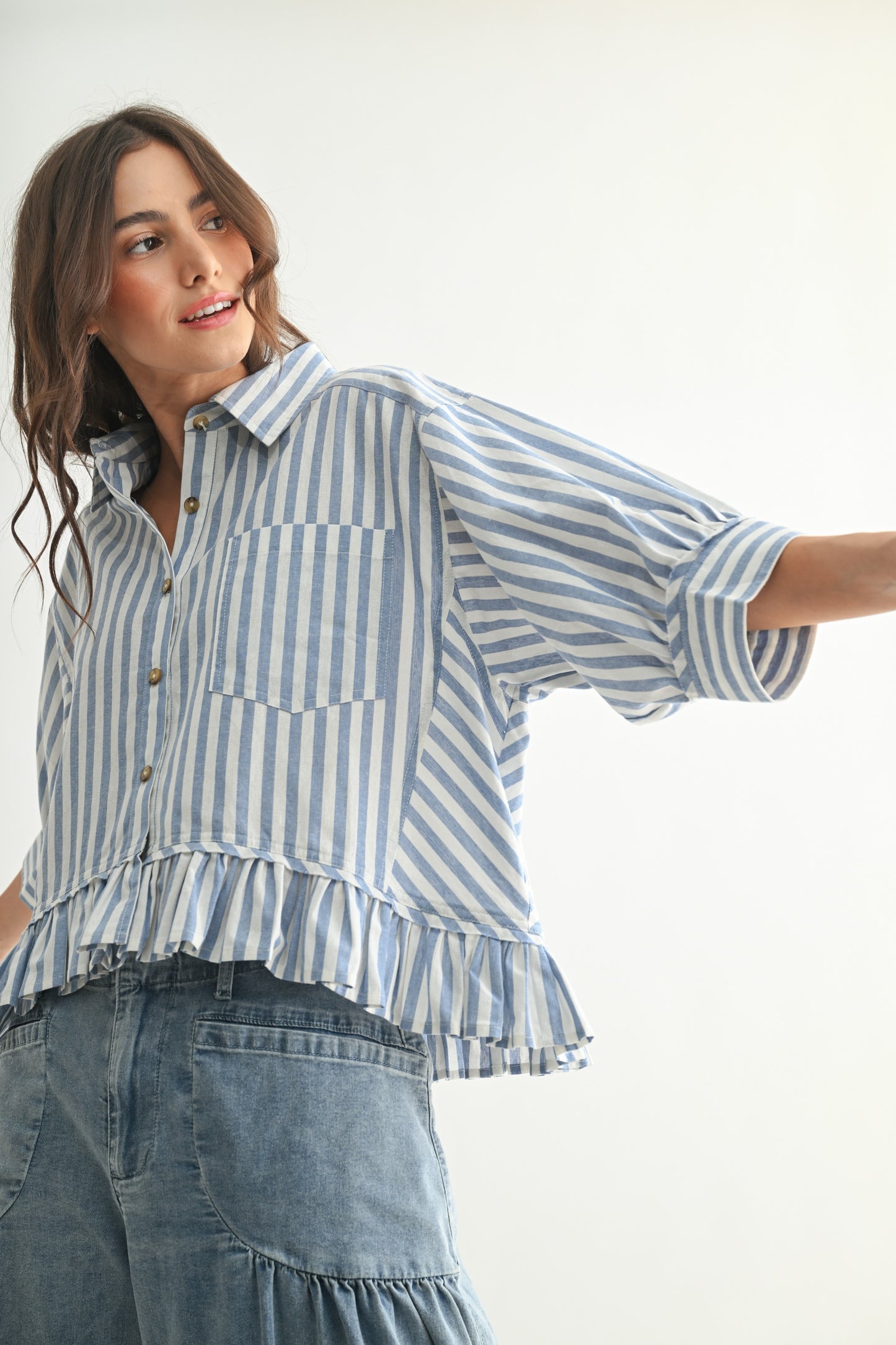 Cecilia Striped Ruffle Button Up