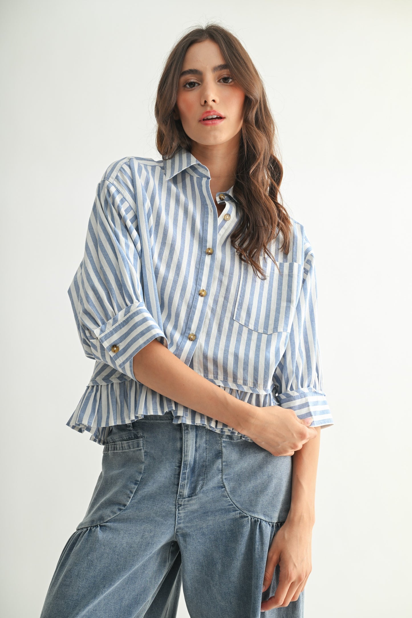 Cecilia Striped Ruffle Button Up